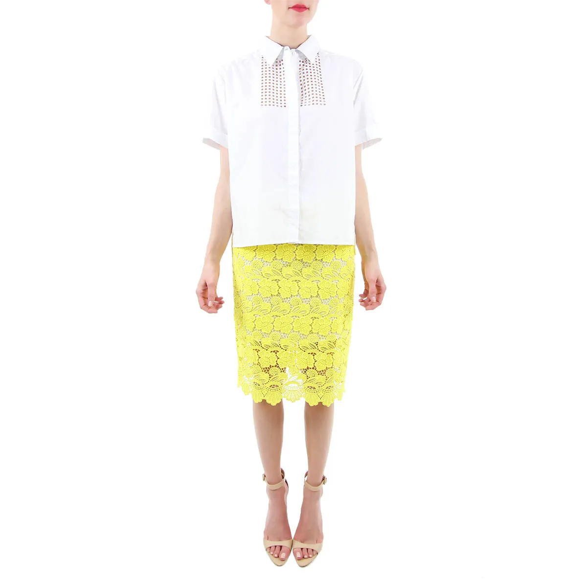 Marla Short Sleeve Button Down with Laser Cut Detail - White