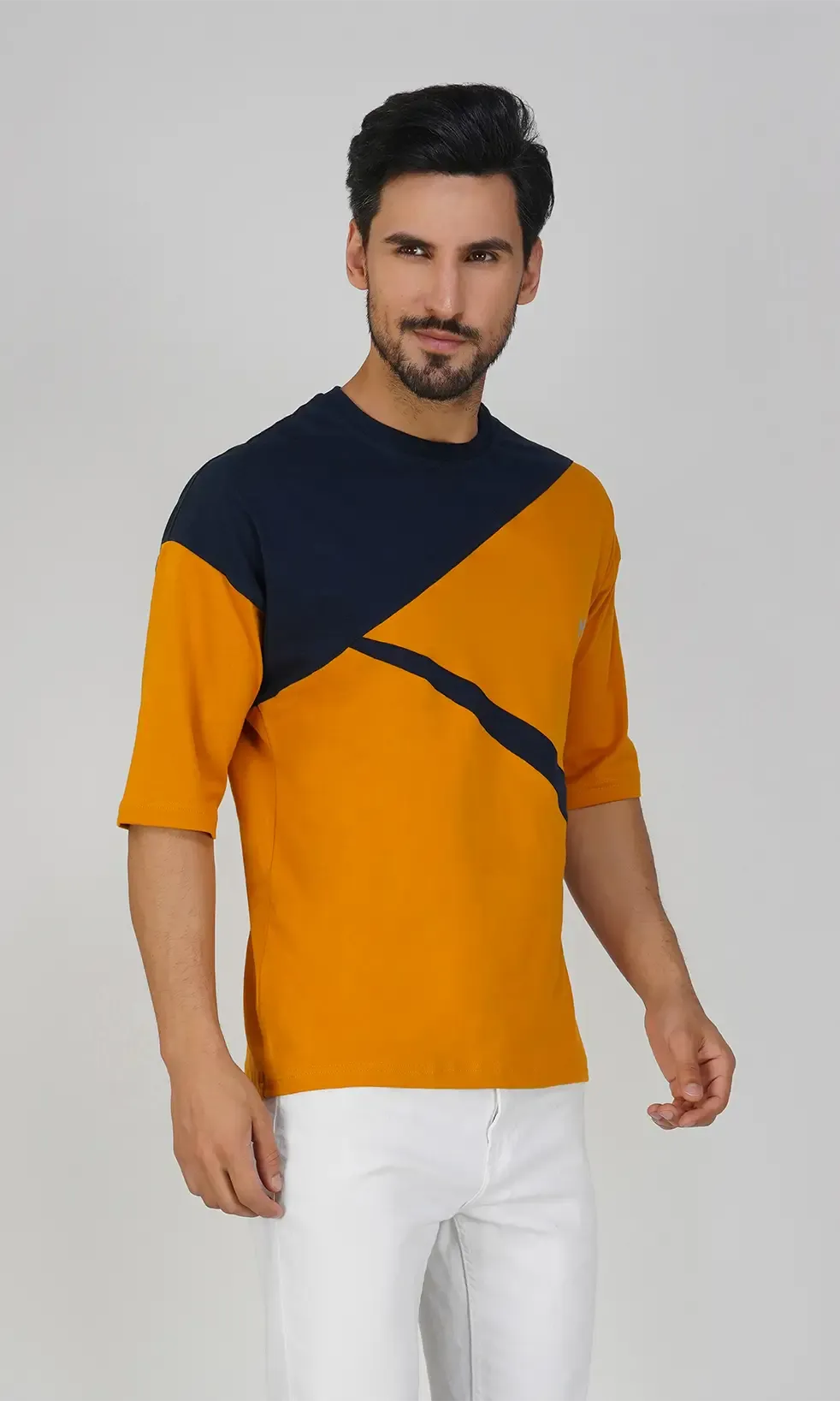 Mebadass Men's ColorBlocked OverSized Cotton T-shirts - Mustard & Navy