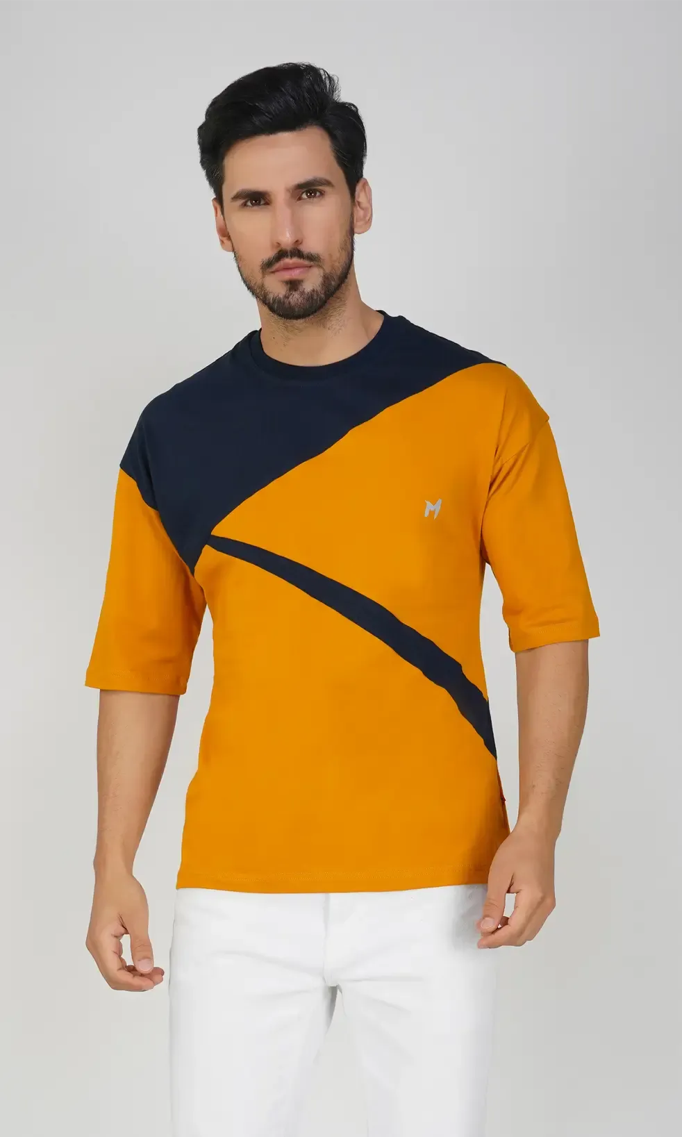 Mebadass Men's ColorBlocked OverSized Cotton T-shirts - Mustard & Navy