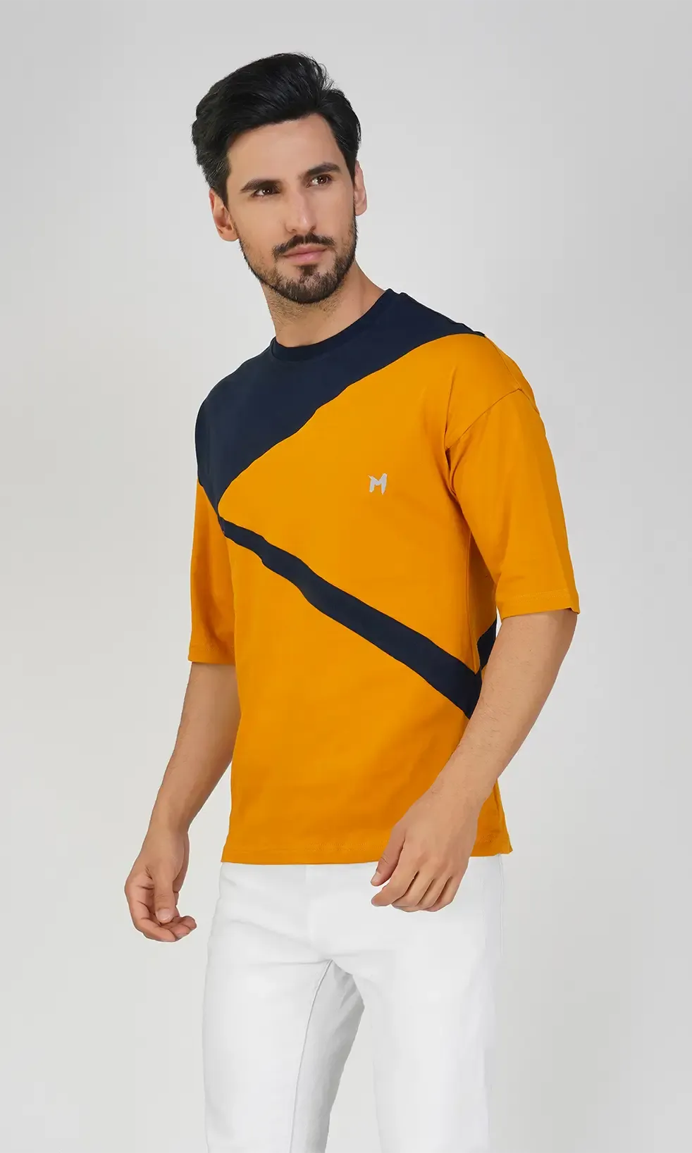 Mebadass Men's ColorBlocked OverSized Cotton T-shirts - Mustard & Navy