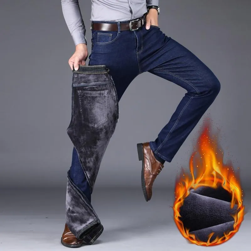 Men Warm Thick Fleece Lined Regular Fit Stretch Denim Jeans Trousers