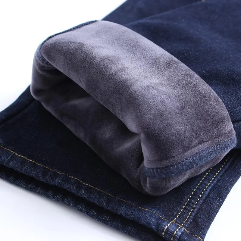 Men Warm Thick Fleece Lined Regular Fit Stretch Denim Jeans Trousers