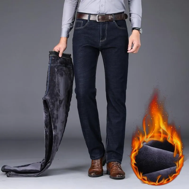 Men Warm Thick Fleece Lined Regular Fit Stretch Denim Jeans Trousers