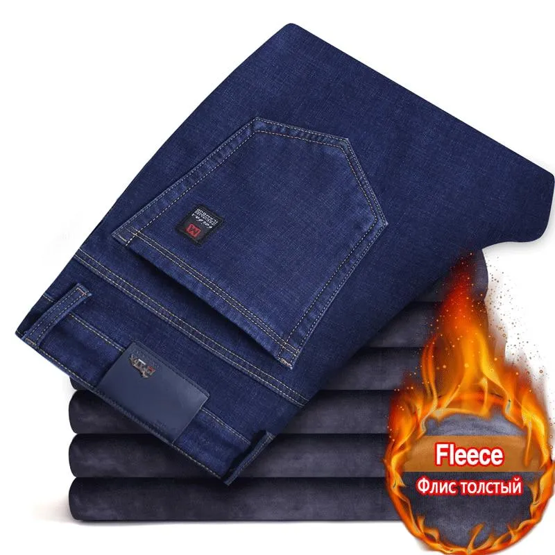 Men Warm Thick Fleece Lined Regular Fit Stretch Denim Jeans Trousers