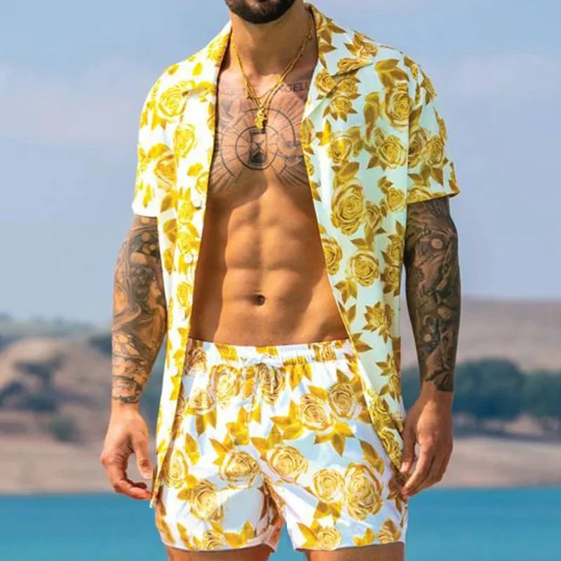 Men's All-matching Short Sleeved Shirt and Shorts Beach Outfit Set