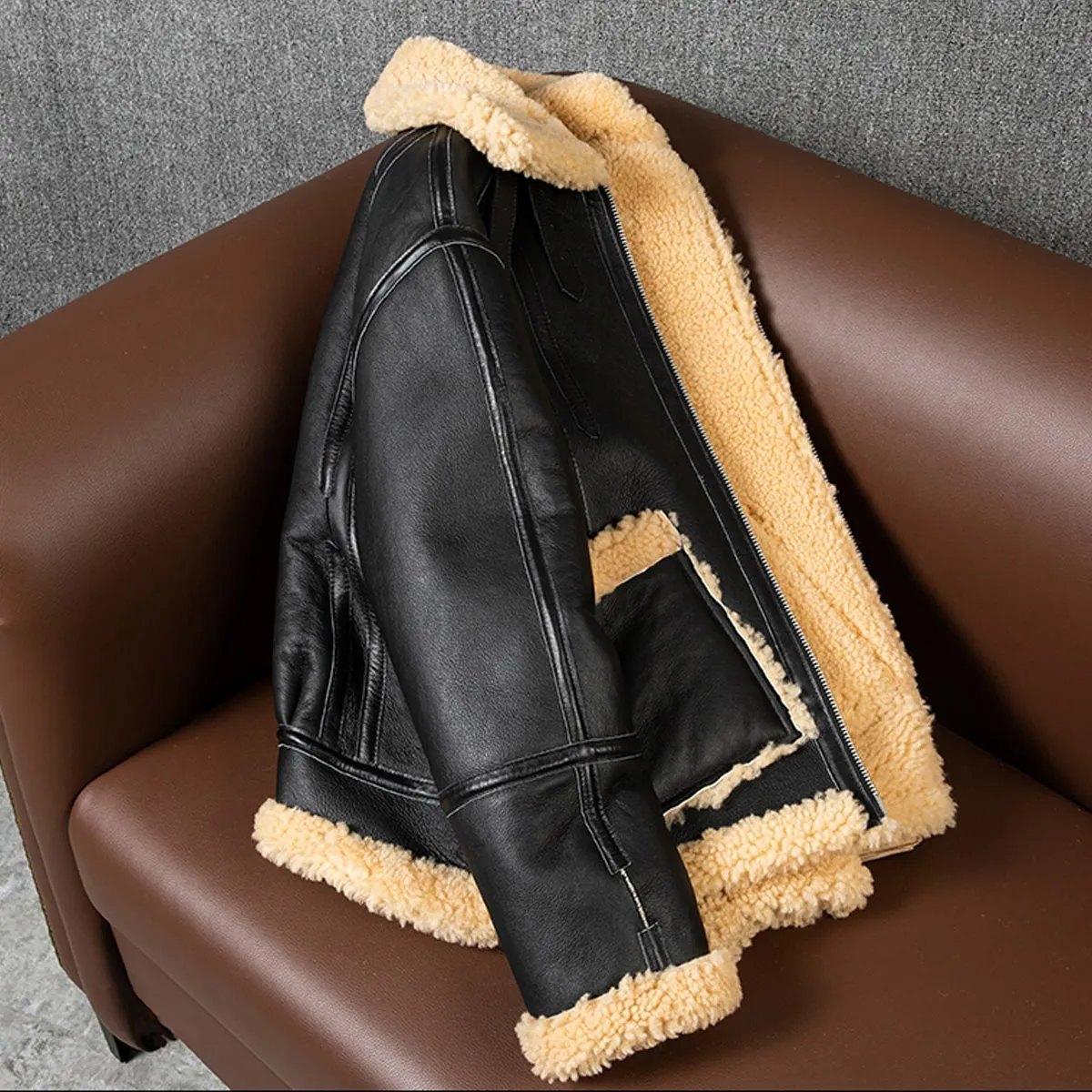 Men’s Black B3 Bomber Aviator Genuine Sheepskin Sherpa Shearling Faux Fur Turn-Down Collar Winter Warm Pilot Uniform Leather Jacket