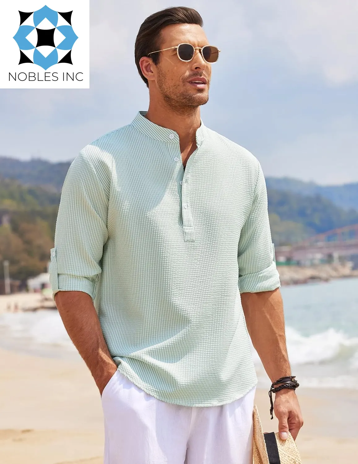 Men'S Casual Henley Shirts Band Collar Long Sleeve Beach Hippie T Shirts Fashion Striped Shirts