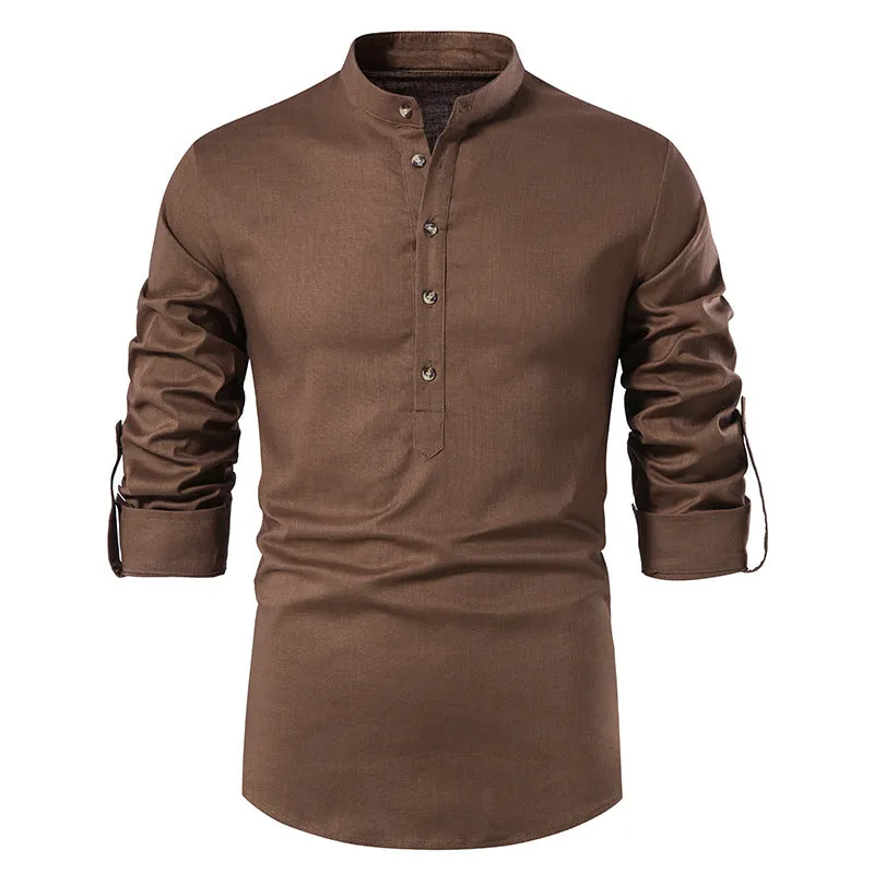 Men's Cotton Linen Henley Shirt Long Sleeve Hippie Casual Beach T Shirts | A277