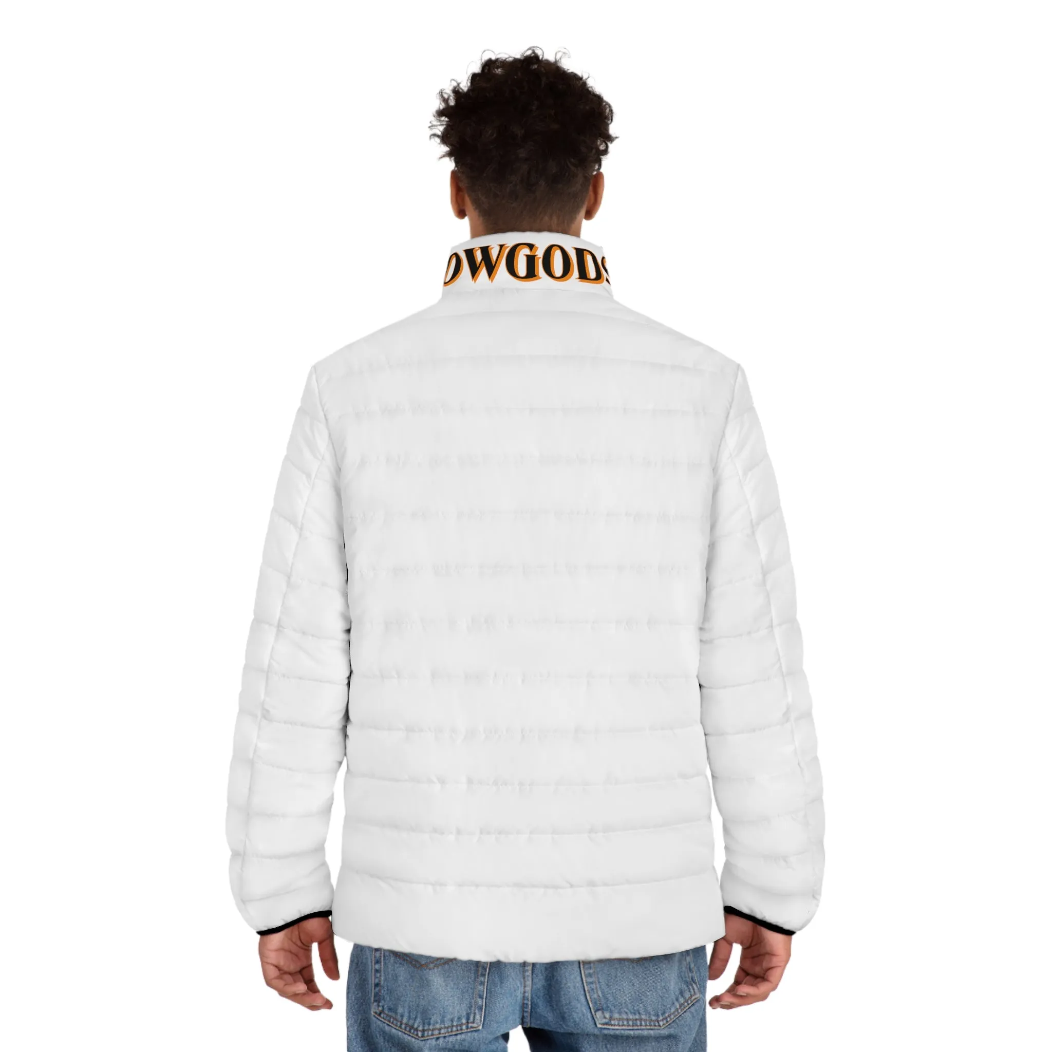 Men's CROWGODSHI 2nd GEN Puffer Jacket, WHITE W/ ORANGE LOGO