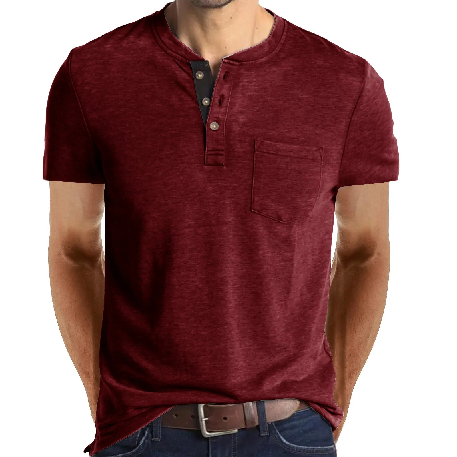 Men's Henley Button Cotton T-shirts With Pocket