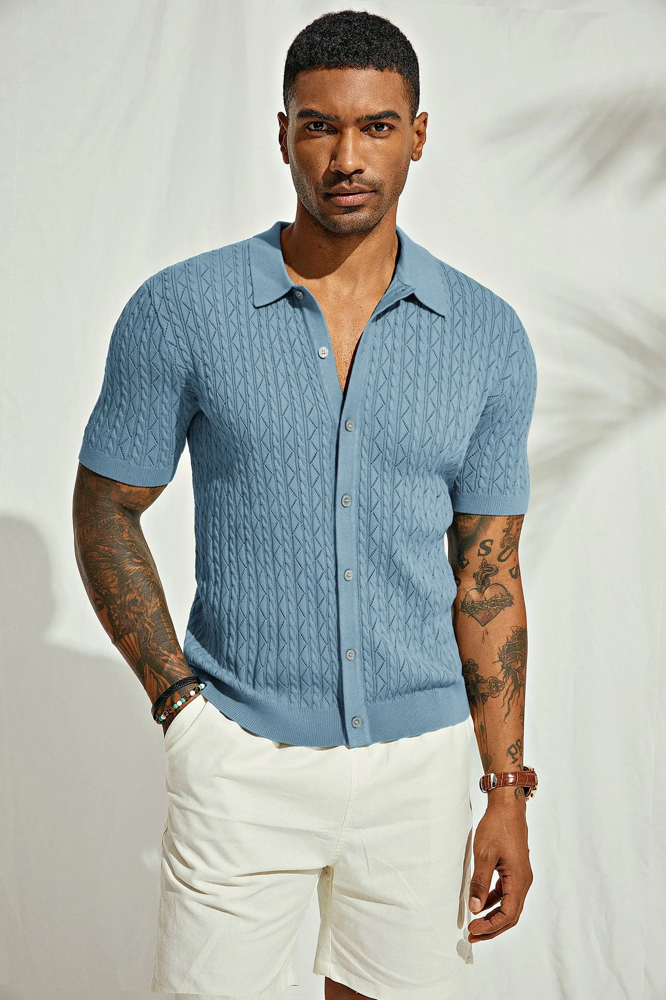 Men's Polo Short Cardigan Shirt Hollowed-Out Textured Casual Knitted Golf Shirt