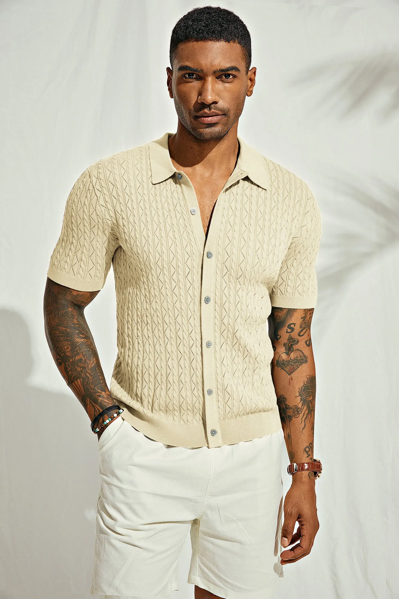 Men's Polo Short Cardigan Shirt Hollowed-Out Textured Casual Knitted Golf Shirt