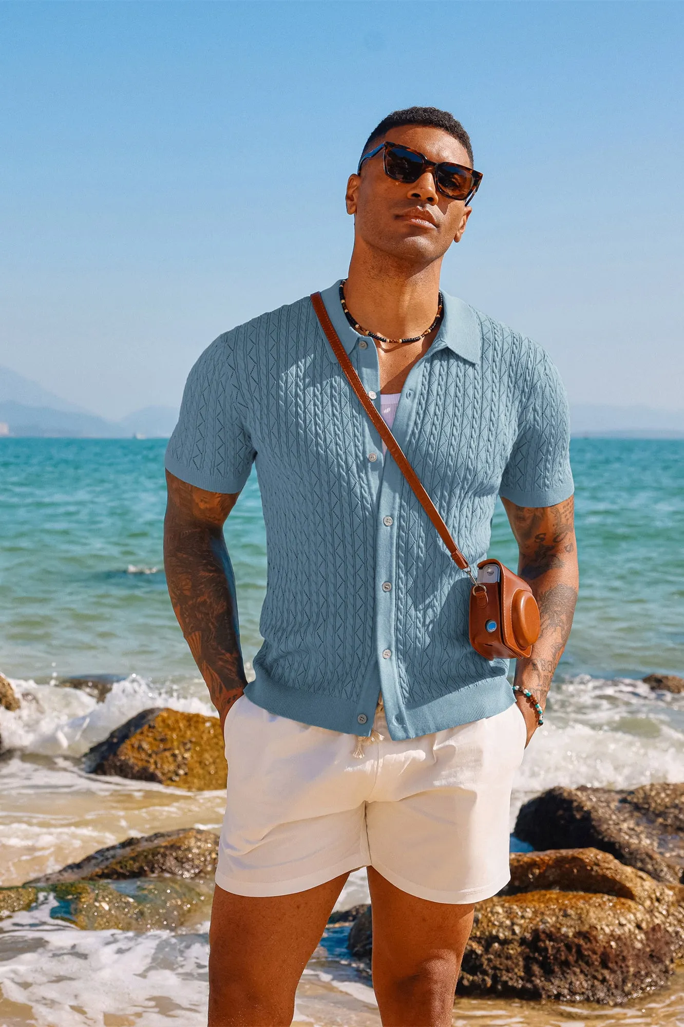 Men's Polo Short Cardigan Shirt Hollowed-Out Textured Casual Knitted Golf Shirt