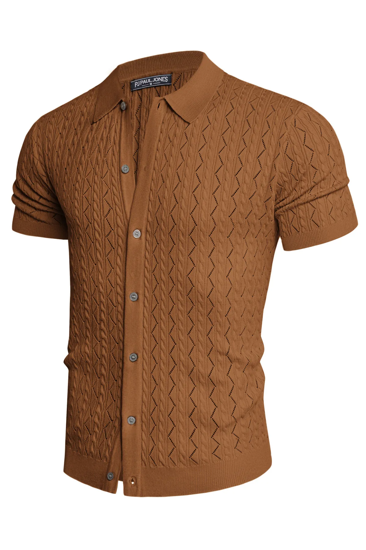 Men's Polo Short Cardigan Shirt Hollowed-Out Textured Casual Knitted Golf Shirt