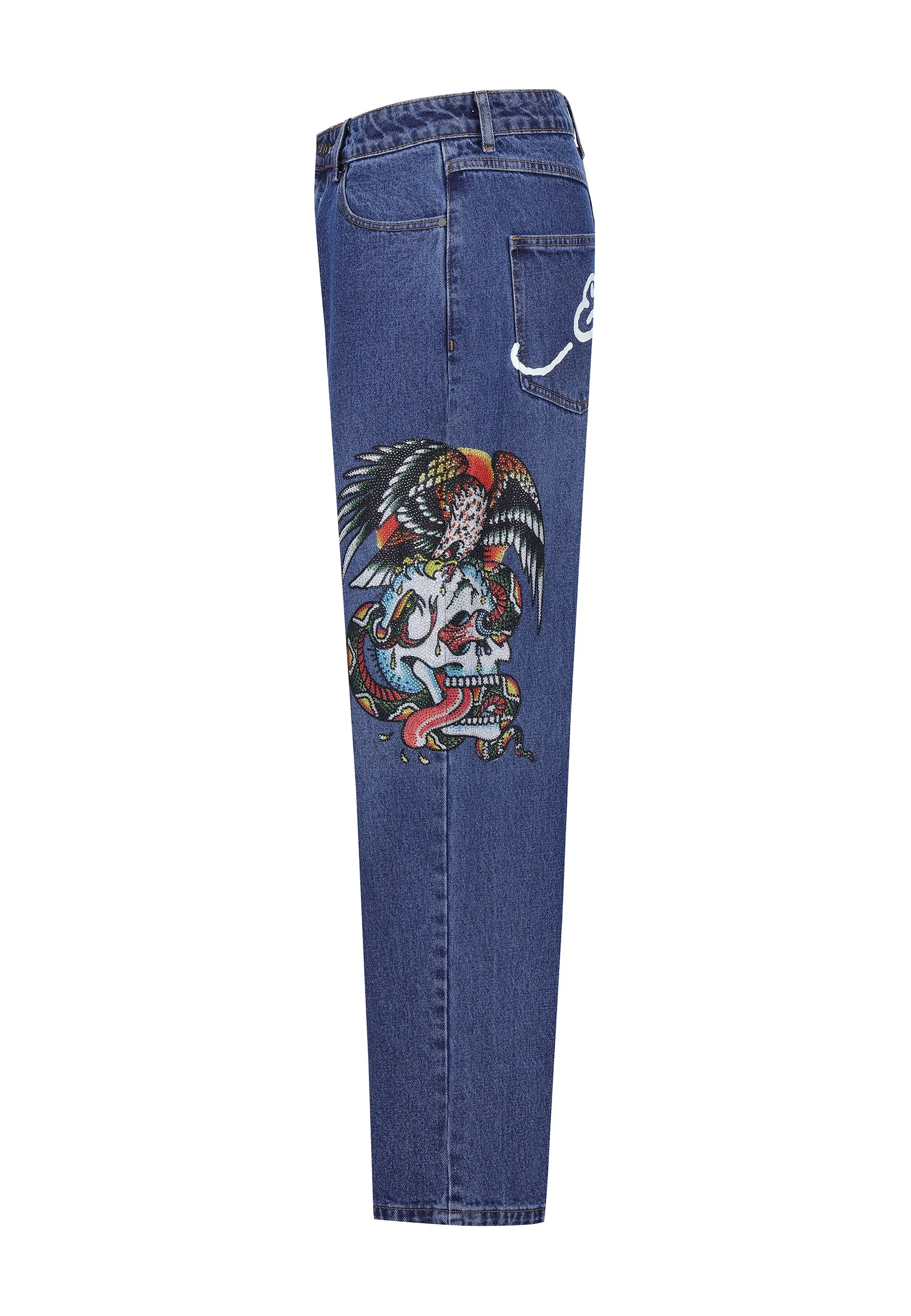 Mens Skull-Snake-Eagle Diamante Denim Trousers Jeans - Indigo