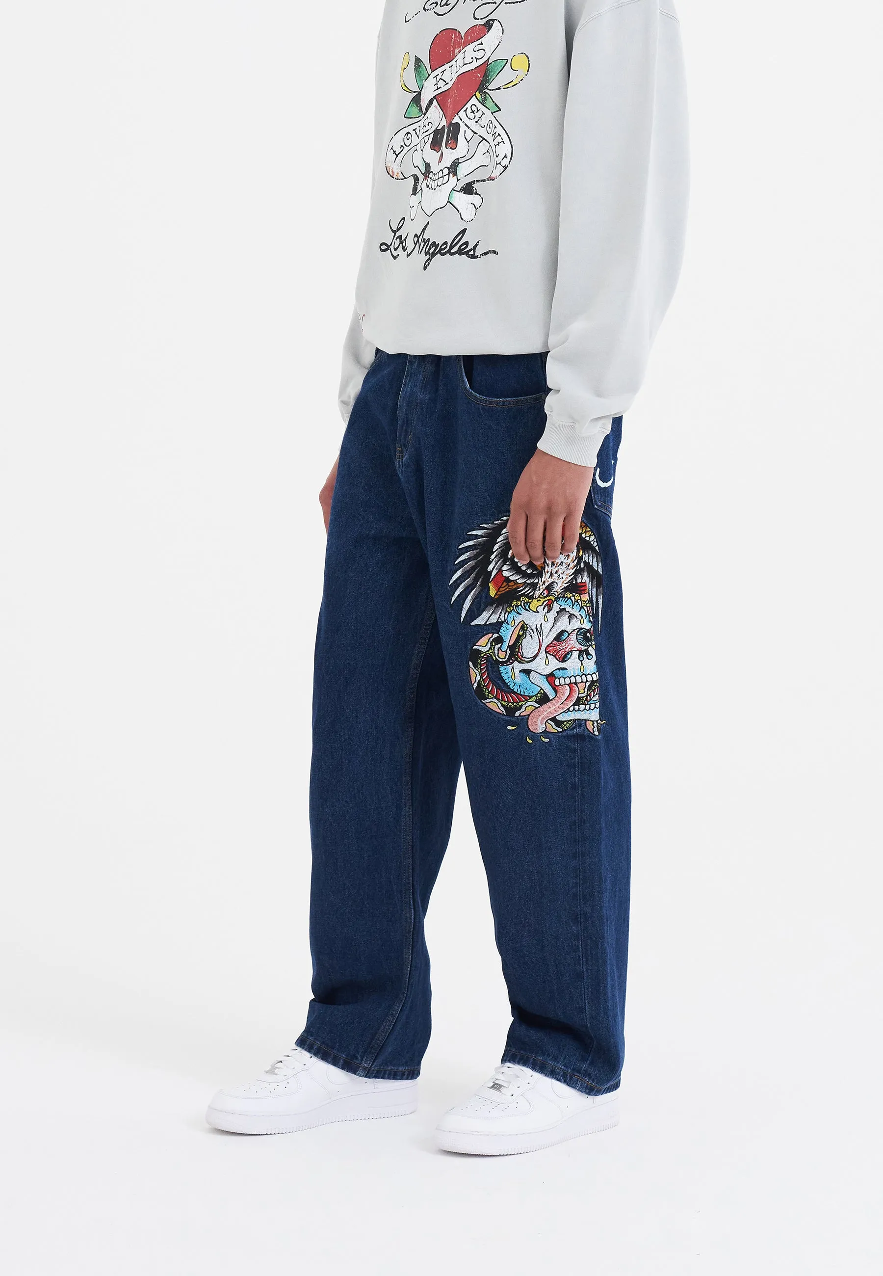 Mens Skull-Snake-Eagle Tattoo Graphic Denim Trousers Baggy Jeans - Indigo