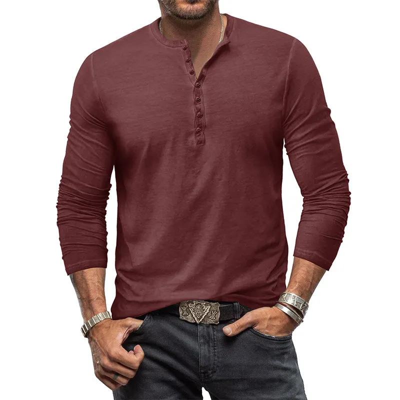 Men's Washed Look 7-Button Henley Long Sleeve Shirt