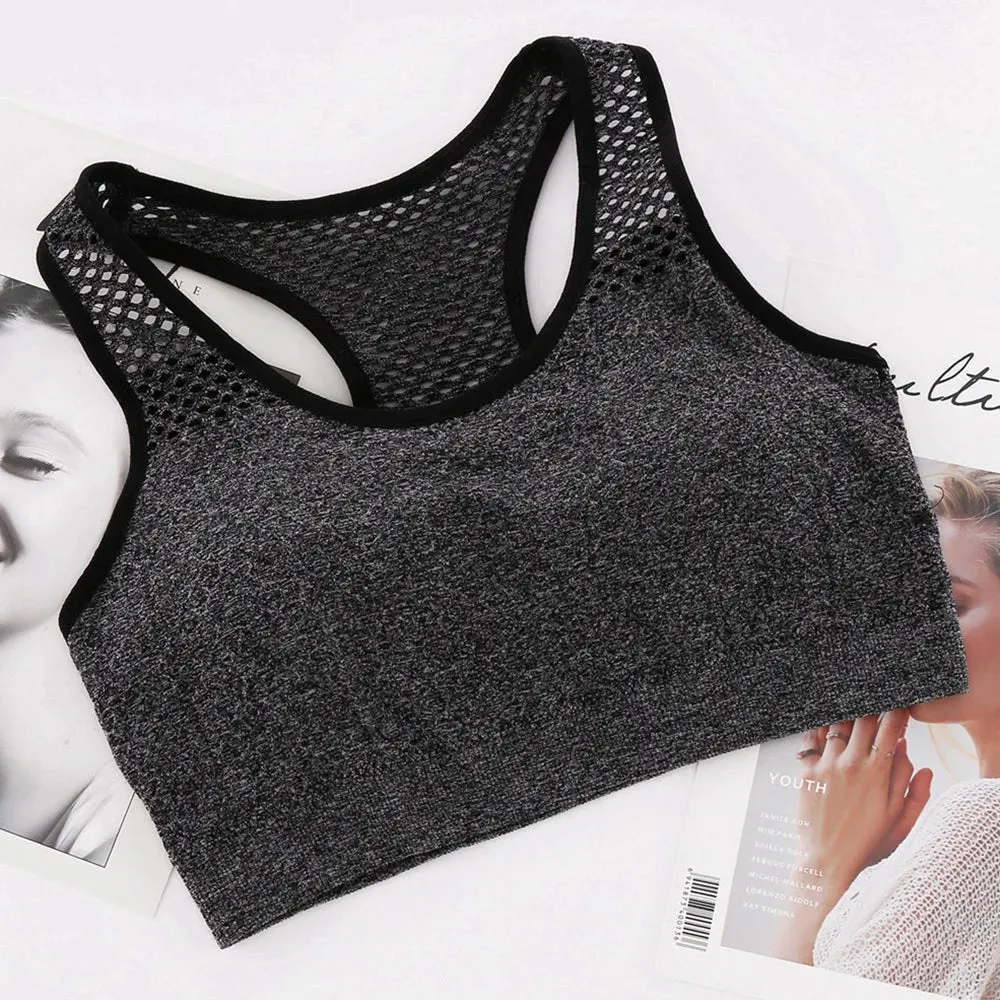 Mesh Sports Bra Hollow Out Sport Top Seamless Fitness Yoga Bras Women Gym Top Padded Running Vest Shockproof Push Up Crop Top