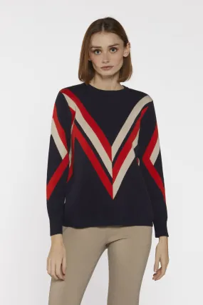 Navy Round neck jumper with Orange and Beige stripe detail