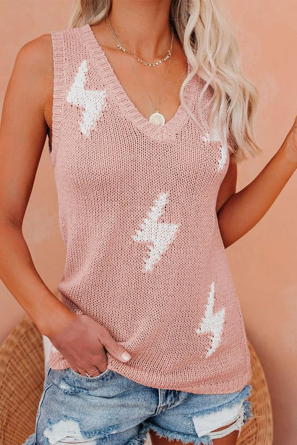 Pink Knit Vest Top V-neck Sleeveless for Ladies