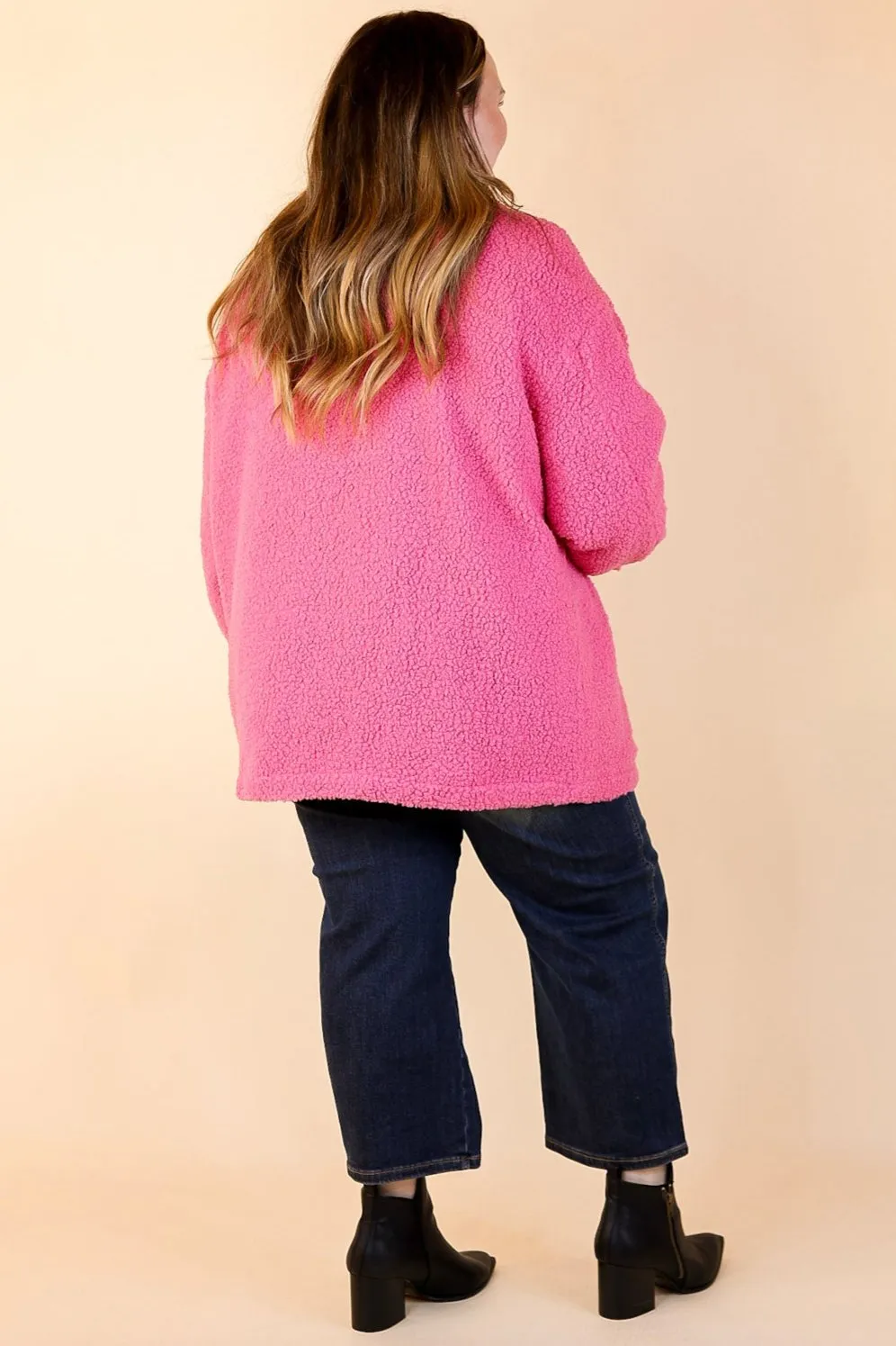 Plush Comfort Button Up Sherpa Shacket in Hot Pink