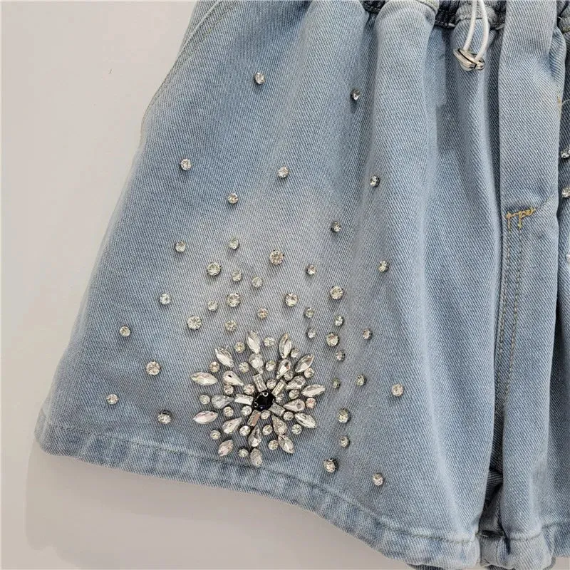 Pre Order:  Diamond Elastic Waist Drawstring Denim Shorts