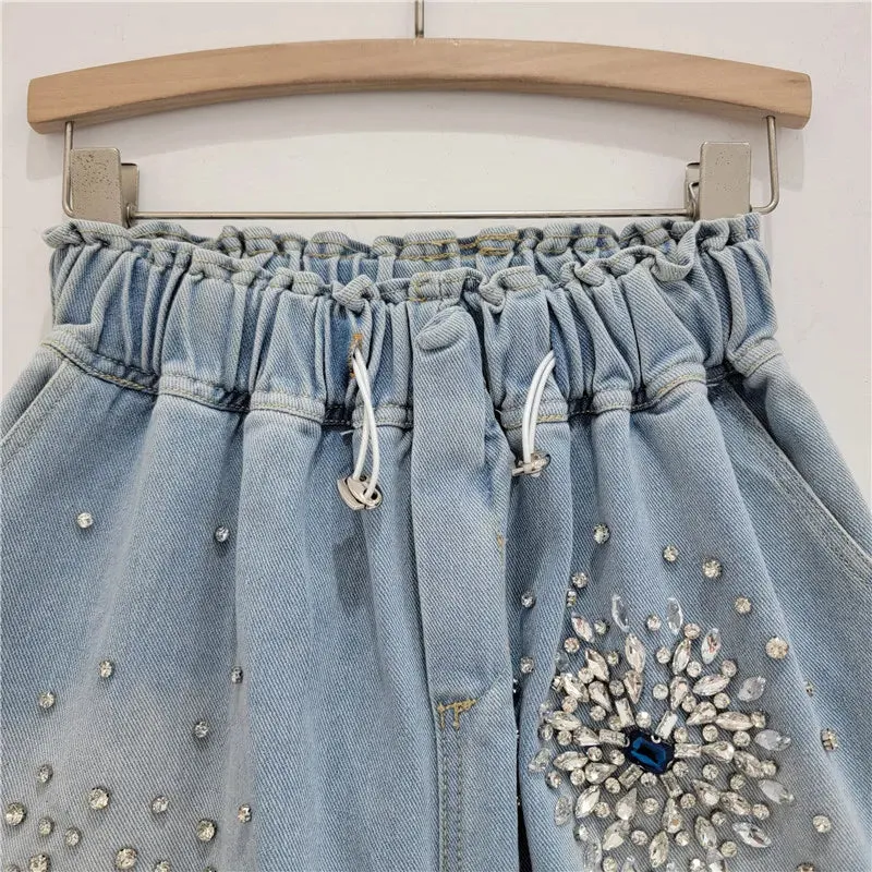 Pre Order:  Diamond Elastic Waist Drawstring Denim Shorts