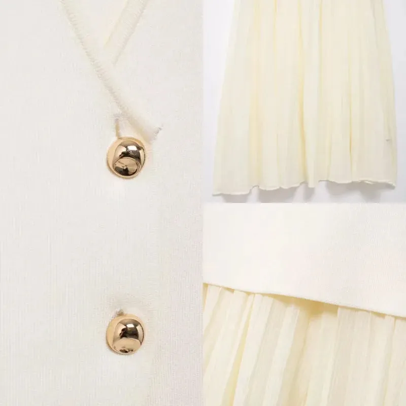 Pre Order:  Gold Button Knitted Vest   Pleated Skirt