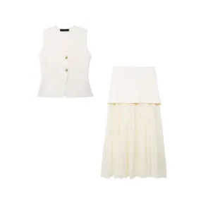 Pre Order:  Gold Button Knitted Vest   Pleated Skirt