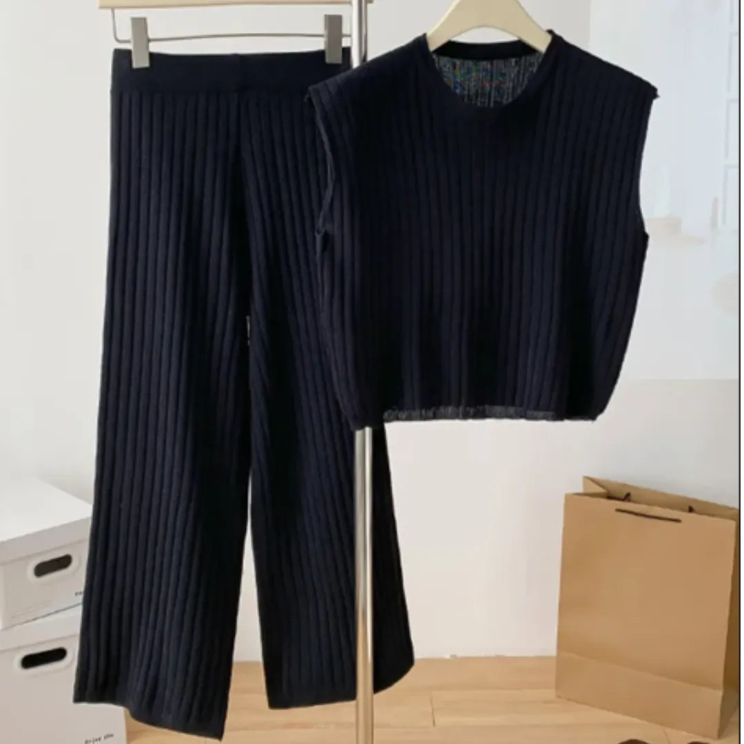 Pre Order:  Solid Knitted Vest   Wide Leg Knitted Pants Set