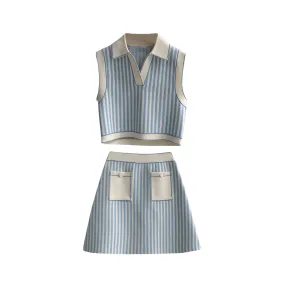 Pre Order:  Striped Short Knitted Vest   A-Line Skirt