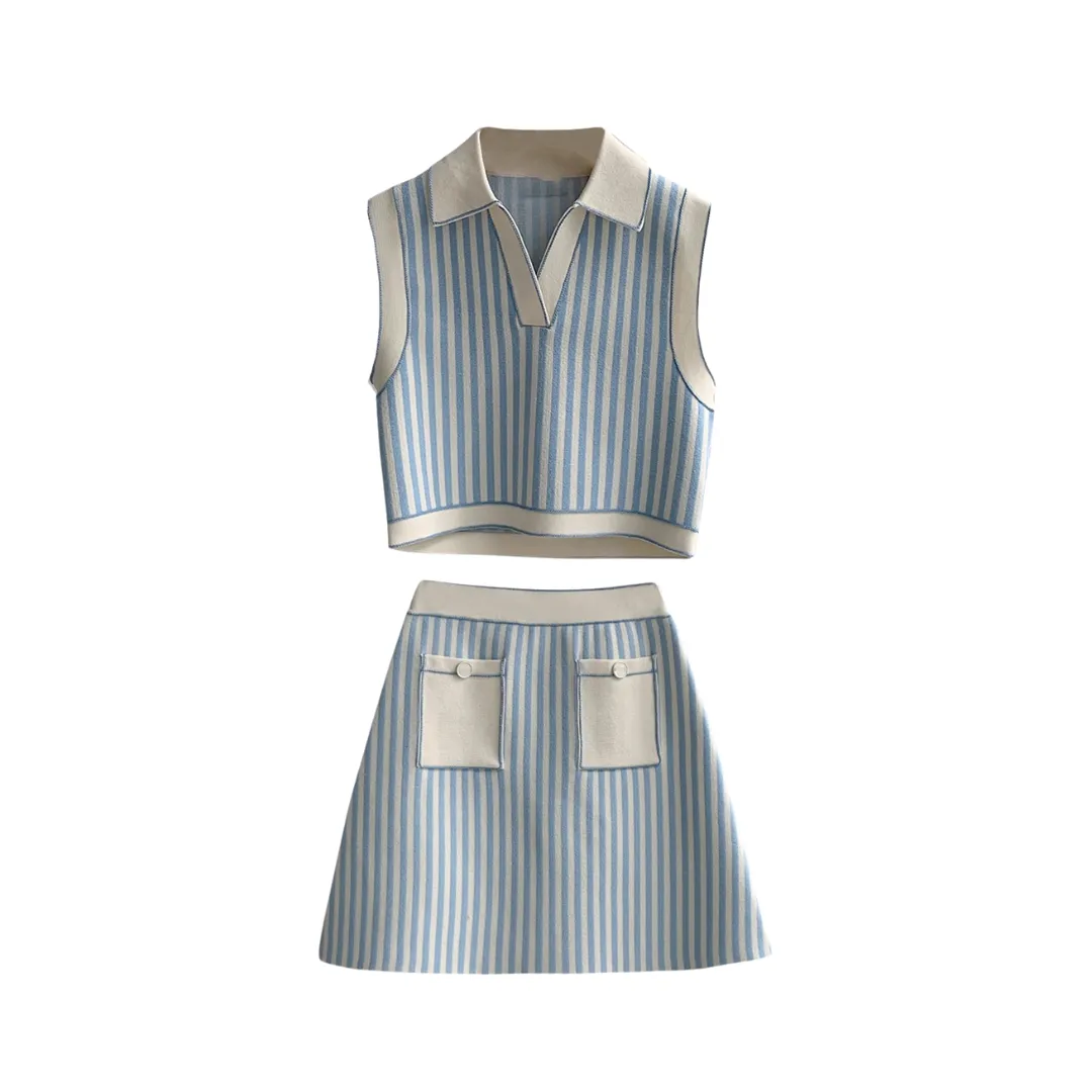 Pre Order:  Striped Short Knitted Vest   A-Line Skirt