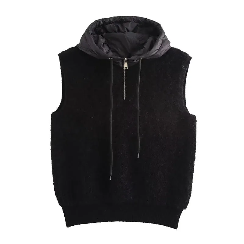 Pre Order: Thick Casual Half Zipper Hooded Knitted Vest