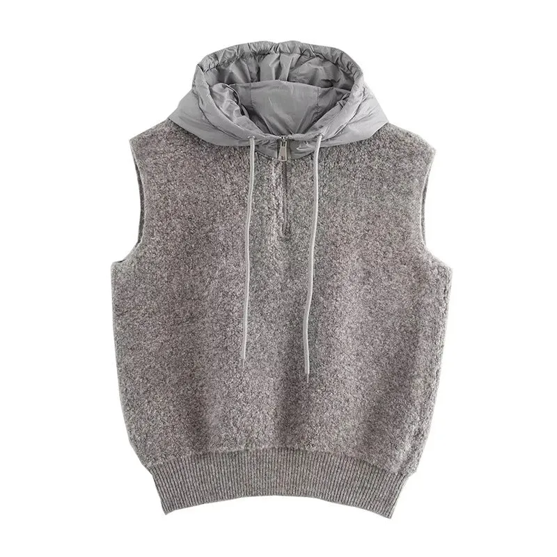 Pre Order: Thick Casual Half Zipper Hooded Knitted Vest