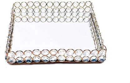 Rectangle Clear Beaded Glass Crystal Mirror Tray with Strong Metal Base and Reflective Mirrored Top