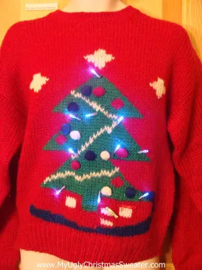 Red 80s Light Up Christmas Sweater with Tree