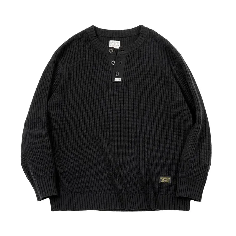 Retro Black Knitted Henley Shirt Vertical Stripe Pullover Sweater for Men