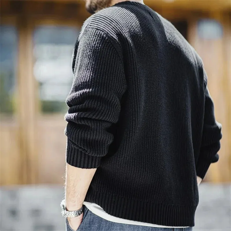 Retro Black Knitted Henley Shirt Vertical Stripe Pullover Sweater for Men