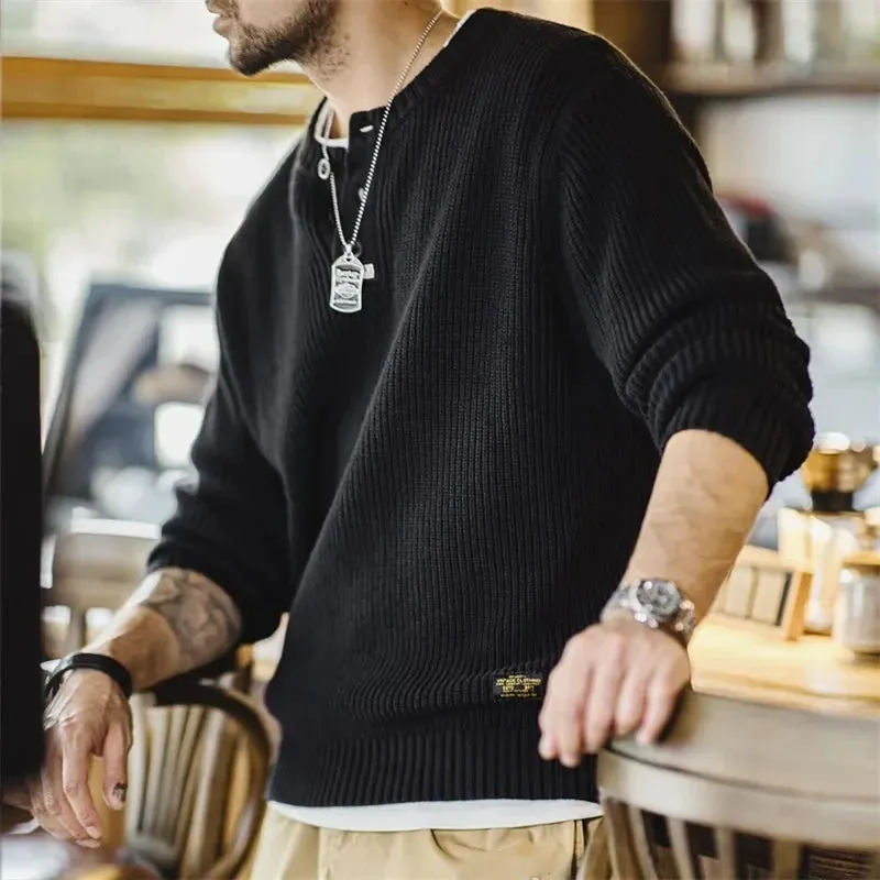 Retro Black Knitted Henley Shirt Vertical Stripe Pullover Sweater for Men