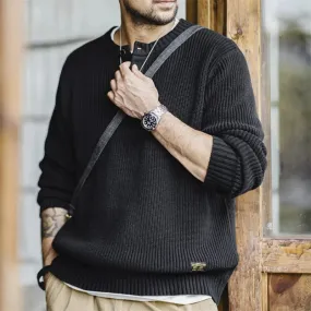 Retro Black Knitted Henley Shirt Vertical Stripe Pullover Sweater for Men