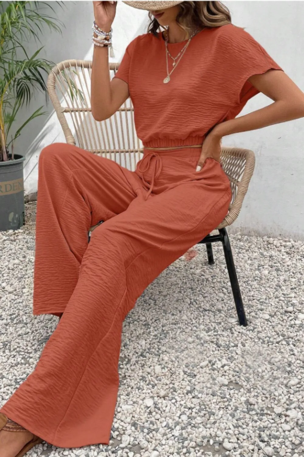 Round Neck Short Sleeve Top and Pants Set