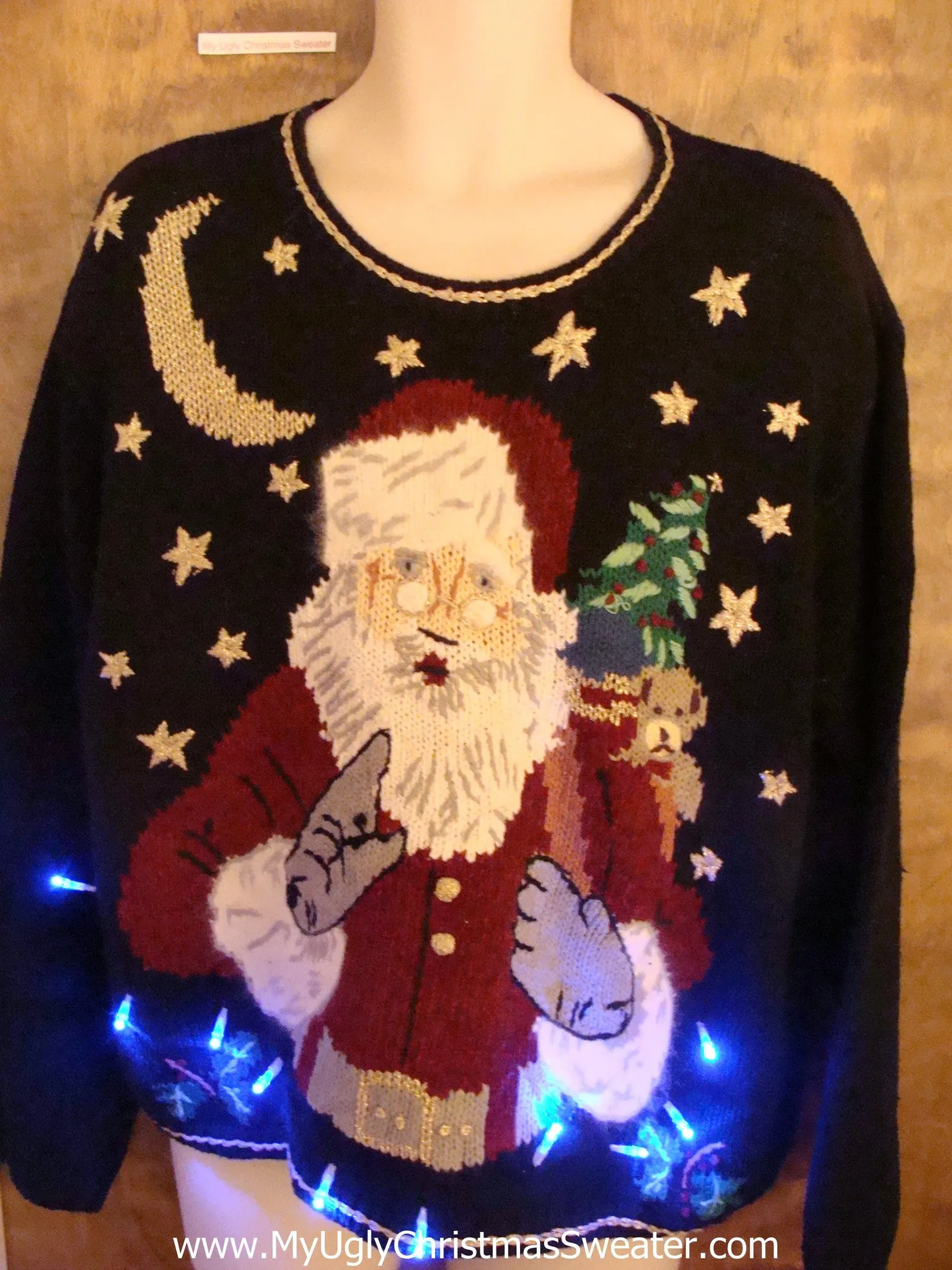 Santa Wagging His Finger Light Up Ugly Xmas Sweater