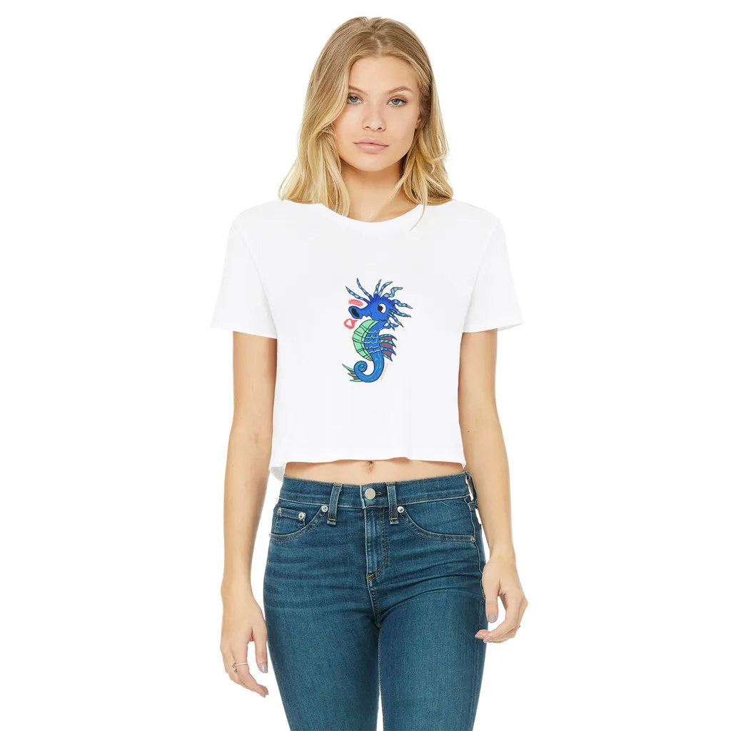 Scribblers the Seahorse Classic Women's Cropped Raw Edge T-Shirt