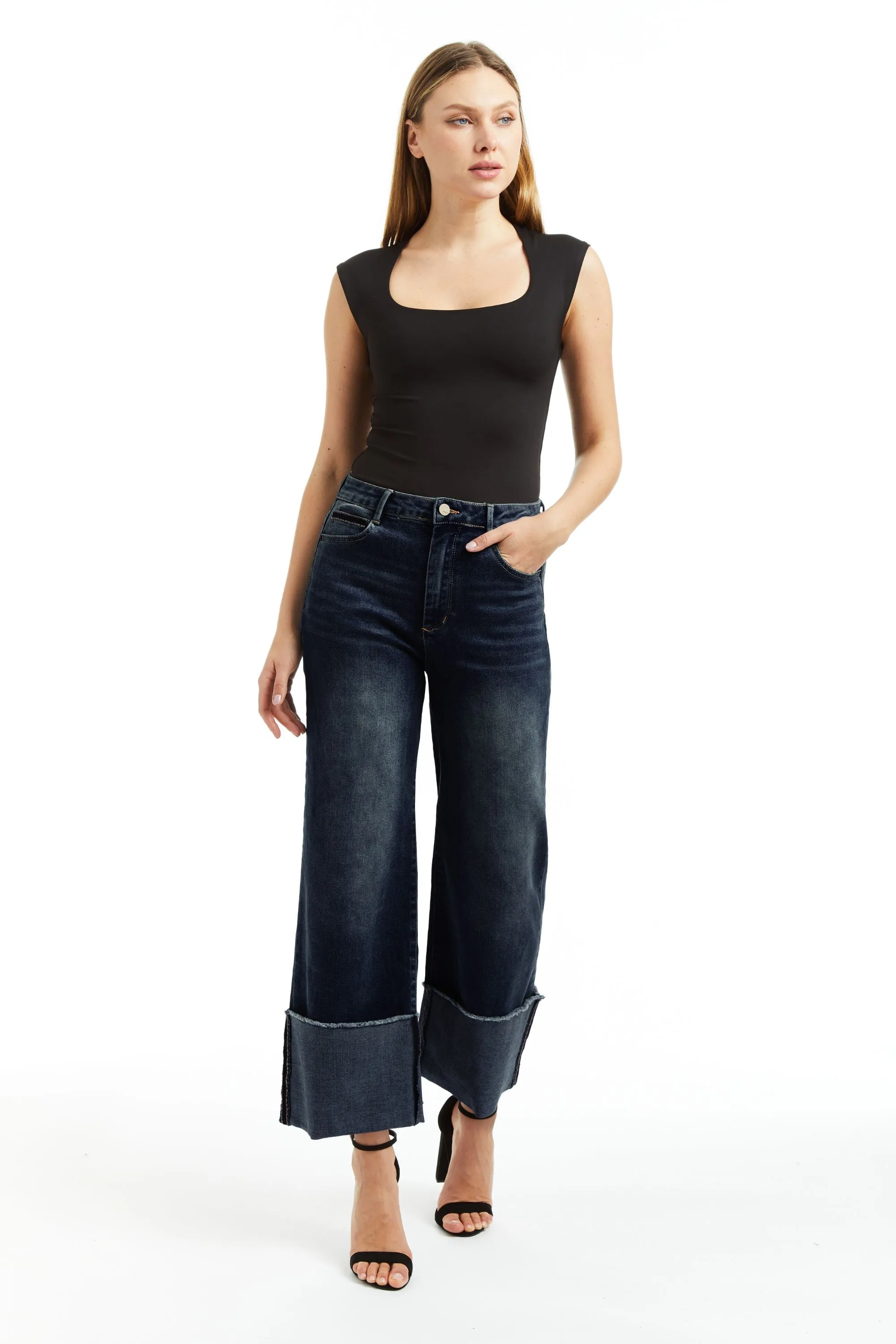 Selvege Cuff Mid Rise Wide Straight Ankle Crop