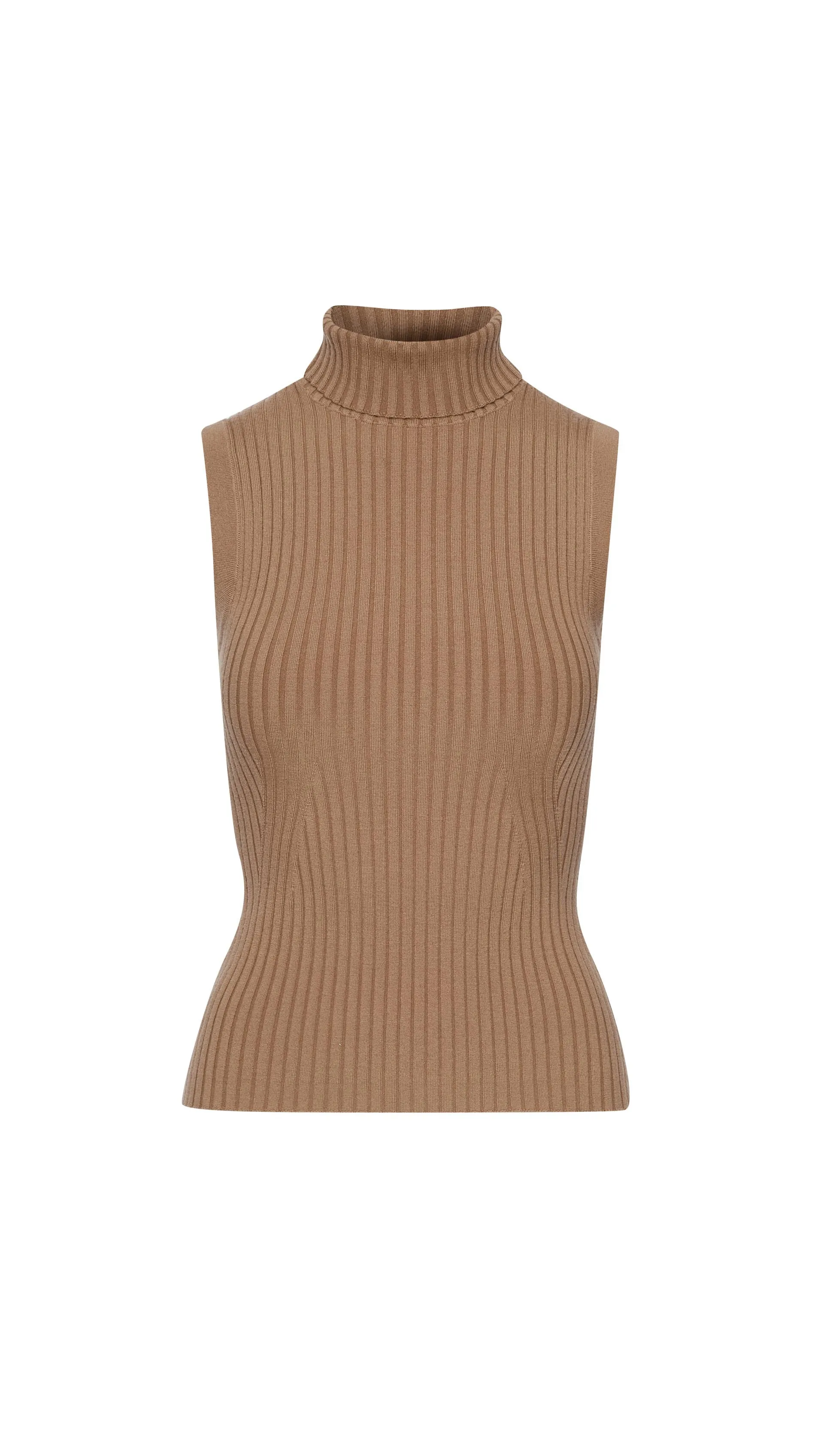 Sleeveless Turtleneck in Stretch Wool | Camel