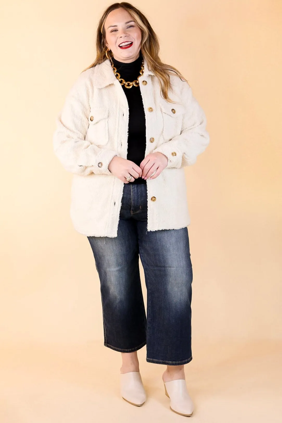 Snowy Afternoon Button Up Sherpa Shacket in Ivory