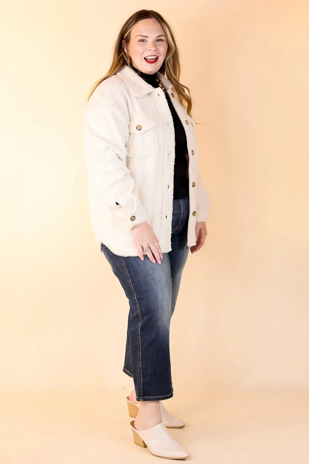 Snowy Afternoon Button Up Sherpa Shacket in Ivory