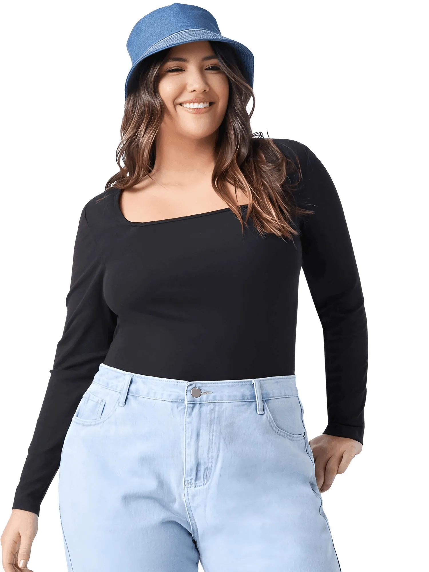 Square Neck Plus Size Black Top Women's