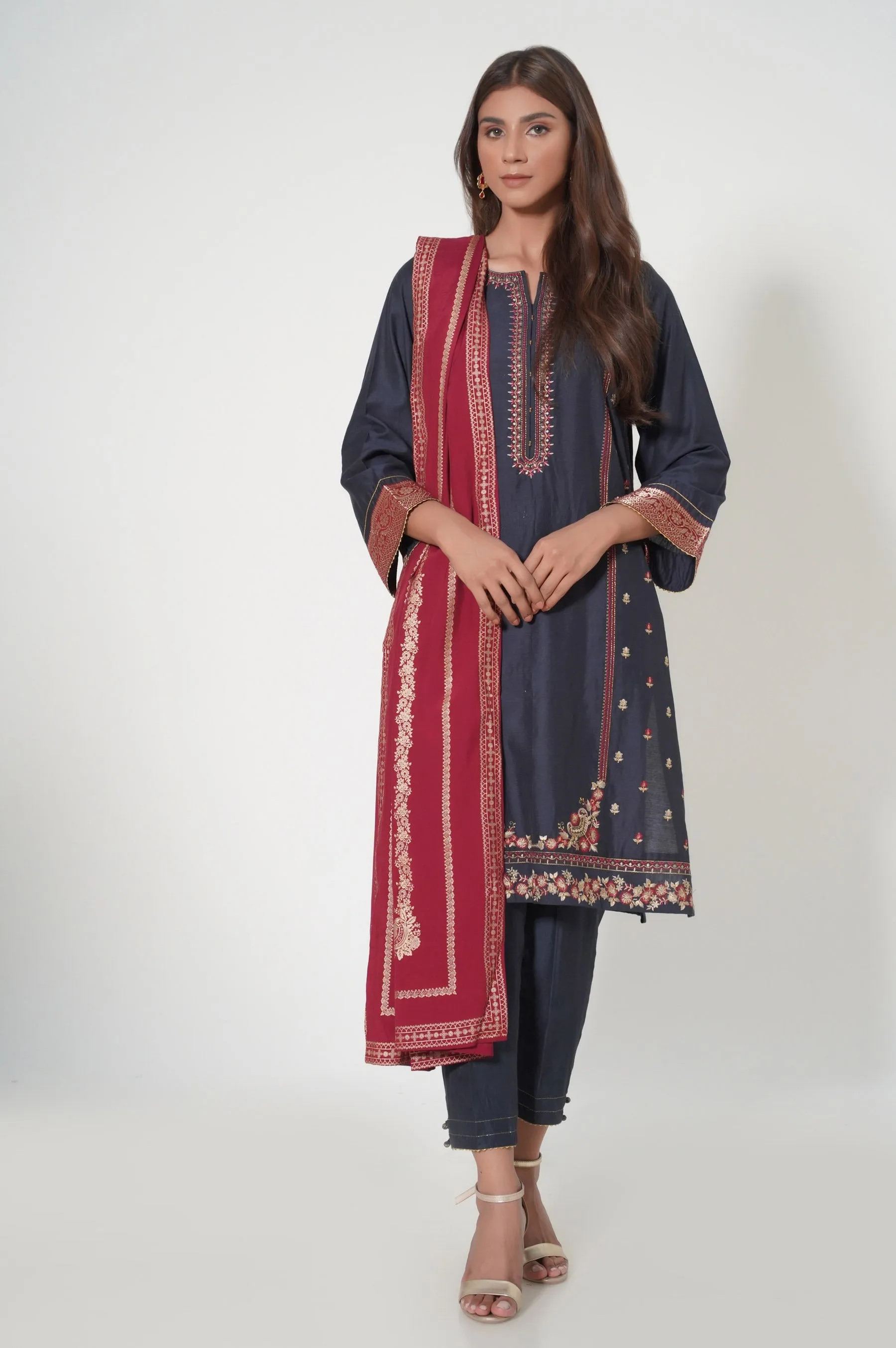 Stitched 3 Piece Raw Silk Embroidered Suit