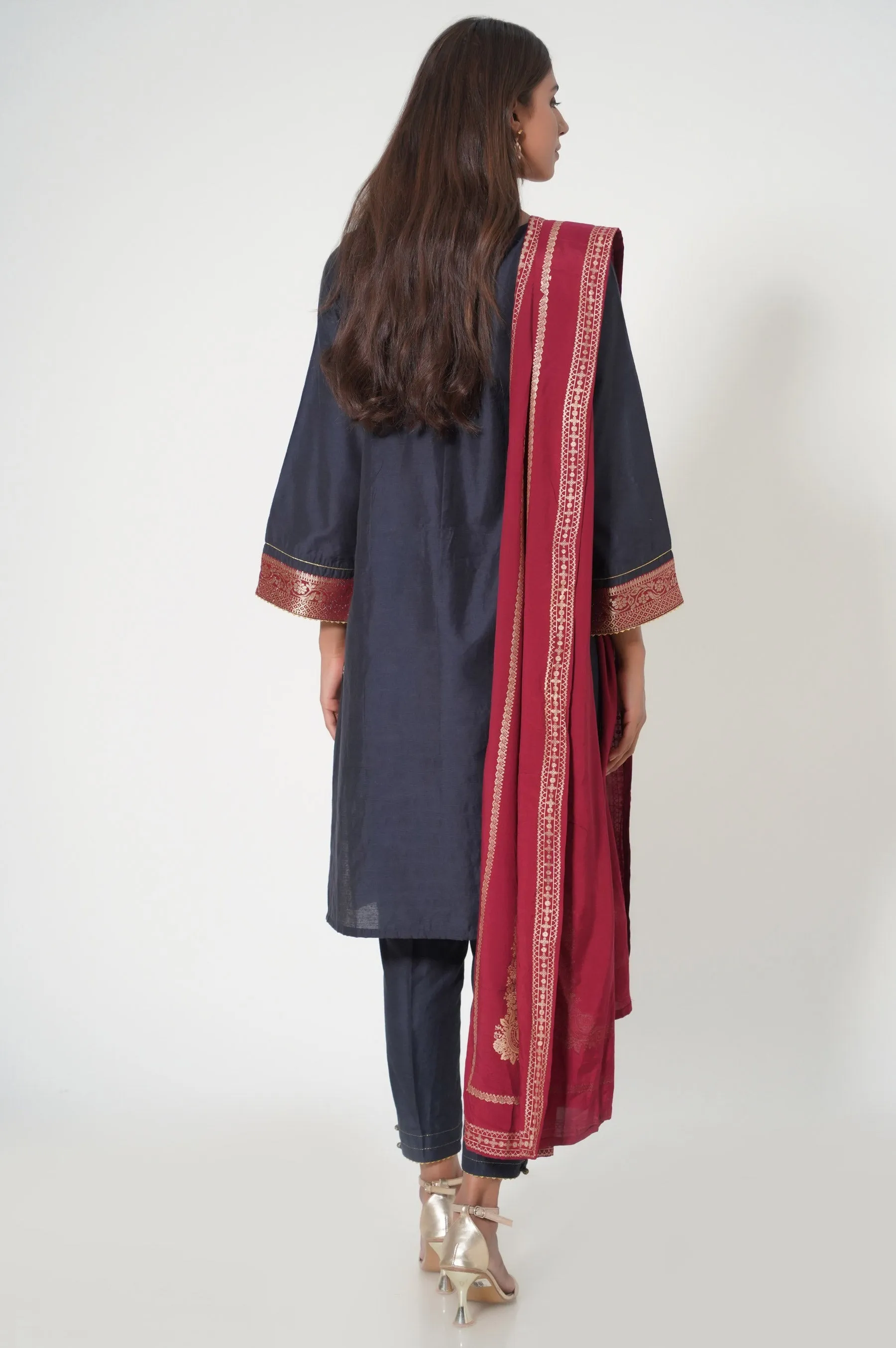 Stitched 3 Piece Raw Silk Embroidered Suit